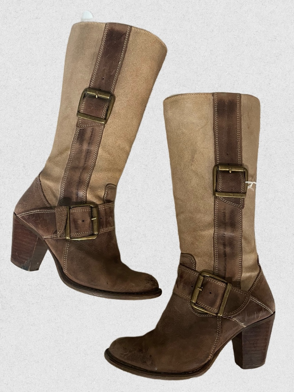 Vintage Destroy Women's Two-Tone Brown distressed  Leather Mid-Calf Buckle Boots